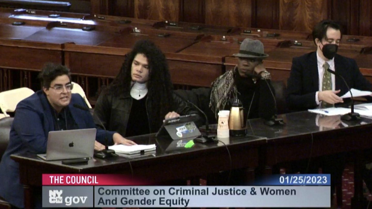 Grace and partners sitting at a table in City Hall offering testimony.